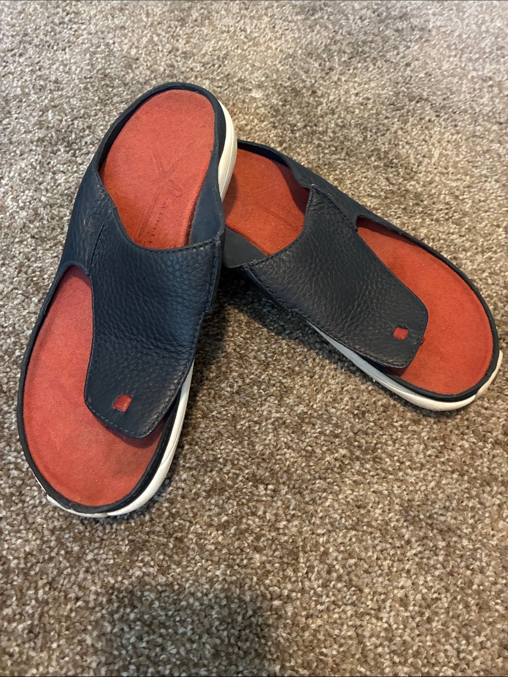 Merrell Manu  Navy Leather Slide Performance Sandals with Orange-Red Footbed